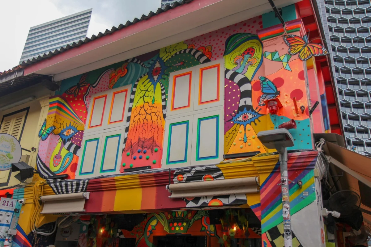 A shophouse covered in murals on Haji Lane in Kampong Gelam